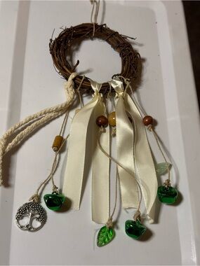 Boho Grapevine Hanging Charm with Cream Ribbons & Green Glass Accents